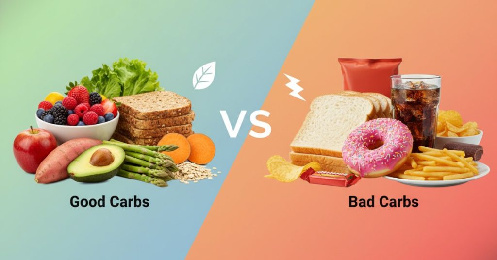 Hình ảnh minh họa các loại thực phẩm khác nhau, giúp phân biệt rõ ràng giữa carbohydrate tốt cho sức khỏe như rau xanh, trái cây, ngũ cốc nguyên hạt và carbohydrate xấu thường thấy trong đồ ăn nhanh, bánh kẹo.