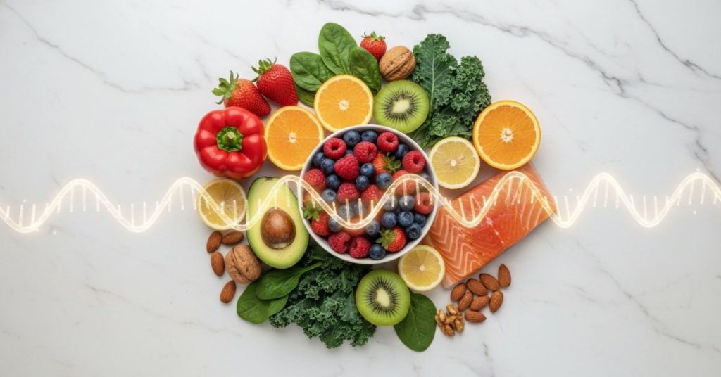 Hình ảnh minh họa các loại thực phẩm giàu vitamin C và protein như cam, dâu tây, ớt chuông, rau xanh đậm và cá hồi, tất cả đều là nguồn dinh dưỡng tuyệt vời hỗ trợ sản sinh collagen tự nhiên cho cơ thể.