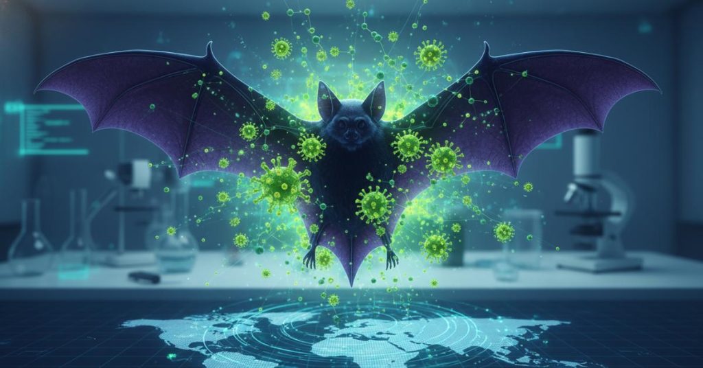 Hình ảnh cận cảnh một con dơi đang treo ngược trong hang động tối, đôi mắt sáng, minh họa vai trò là ổ chứa tự nhiên của nhiều loại virus nguy hiểm.