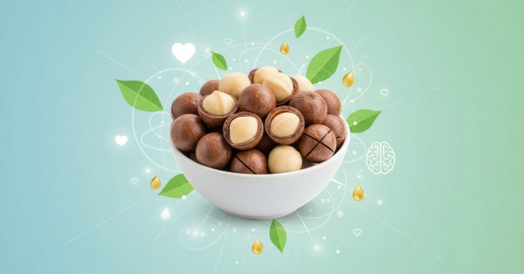 Hình ảnh cận cảnh những hạt macca tươi ngon, căng tròn xếp cạnh nhau trên bề mặt gỗ, tượng trưng cho những lợi ích sức khỏe mà hạt macca mang lại.