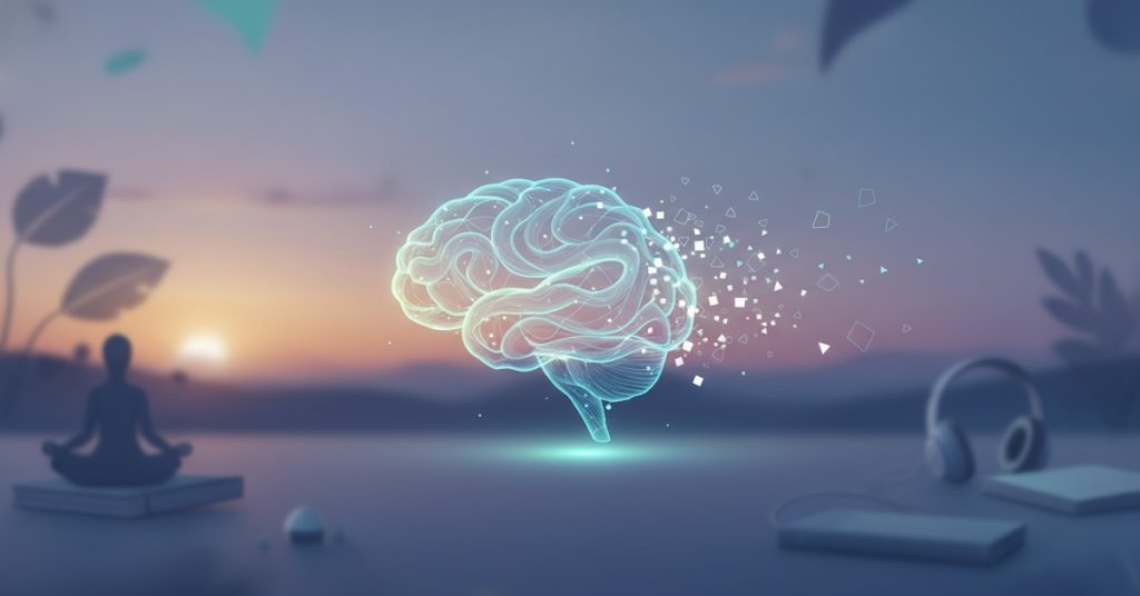 Hình ảnh một người đang ngồi thư giãn trong tư thế thiền định nhẹ nhàng, mắt nhắm lại, biểu cảm bình yên, xung quanh là không gian tĩnh lặng, tượng trưng cho việc thực hiện các phương pháp đơn giản để giúp não bộ 'xả tải' và hồi phục tinh thần hiệu quả mỗi ngày.