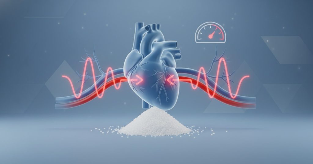 Hình ảnh một người đang theo dõi chỉ số huyết áp trên máy đo, cạnh đó là lọ muối, minh họa rõ nét về mối liên hệ giữa chế độ ăn mặn và sức khỏe huyết áp.