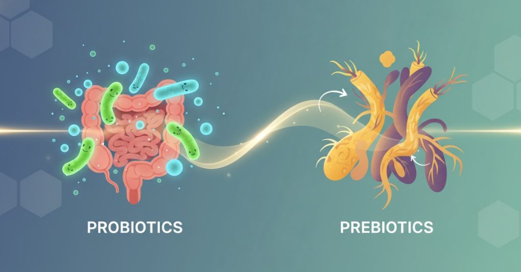 Hình ảnh minh họa sự khác biệt giữa Probiotic và Prebiotic, nhấn mạnh vai trò quan trọng của các loại men vi sinh này đối với hệ tiêu hóa khỏe mạnh.