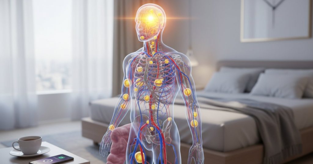 Mô tả một người đàn ông lớn tuổi đang xoa trán vào buổi sáng, có thể là dấu hiệu mệt mỏi hoặc đau đầu, một trong những triệu chứng cảnh báo sớm của bệnh mỡ máu cao cần được chú ý.