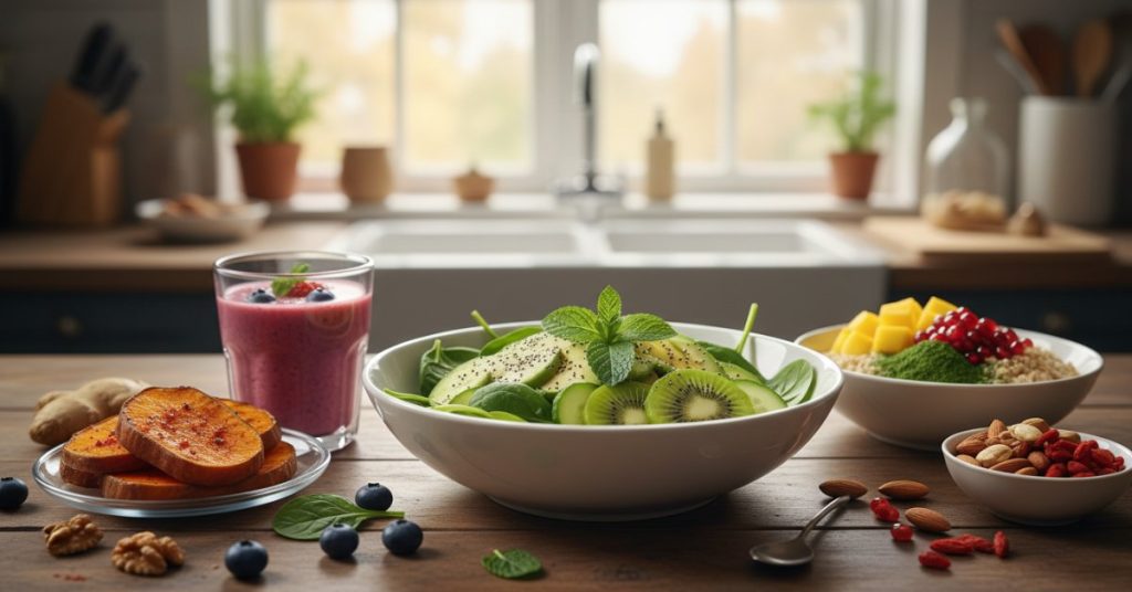 Hình ảnh minh họa một đĩa salad đầy màu sắc với rau xanh, cà chua, bơ và các loại hạt, tượng trưng cho những món ăn đẹp da dễ chế biến giúp cải thiện độ sáng và đều màu cho làn da.