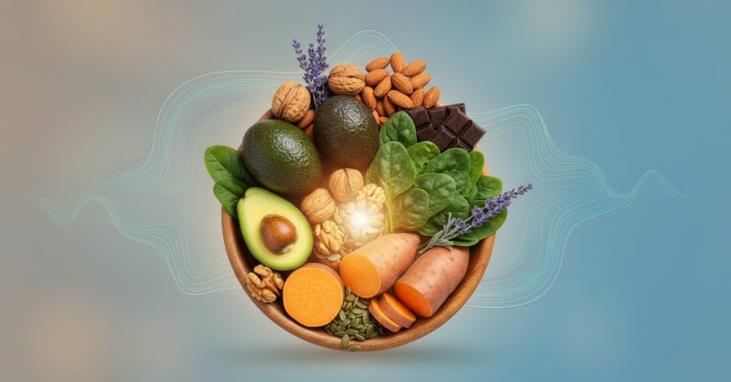 Hình ảnh tổng hợp nhiều loại thực phẩm tốt cho sức khỏe như trái cây tươi, rau xanh, các loại hạt và một ly trà thảo mộc ấm áp, minh họa các đồ ăn làm dịu thần kinh và giúp cơ thể thư giãn tự nhiên.