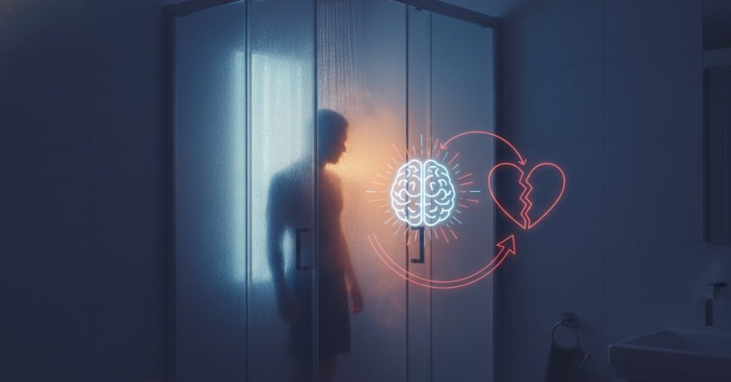 Hình ảnh một người đang tắm vào ban đêm trong không gian phòng tắm có ánh sáng mờ ảo, minh họa nguy cơ sức khỏe tiềm ẩn, đặc biệt là đột quỵ, khi duy trì thói quen này.