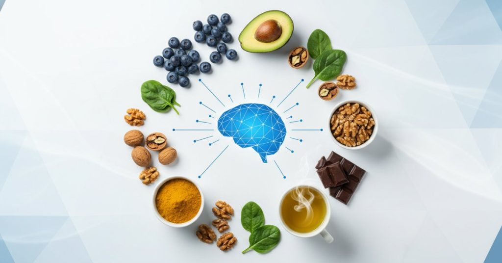 Một bát đầy các loại hạt, quả mọng và rau xanh, tượng trưng cho những bữa ăn dinh dưỡng hỗ trợ sự tập trung trí não và cải thiện chức năng nhận thức.