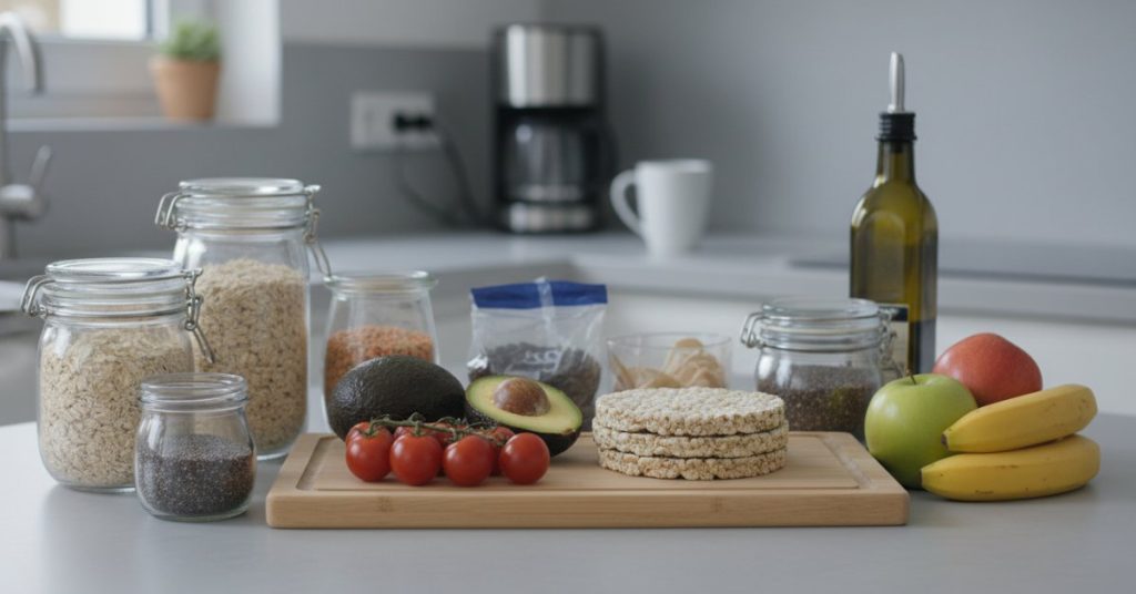 Hình ảnh một giỏ hàng hoặc kệ bếp với các loại thực phẩm tối giản thiết yếu như gạo, mì, trứng, rau củ đóng hộp và trái cây tươi, được sắp xếp gọn gàng, thể hiện sự tiện lợi cho người đi làm bận rộn.