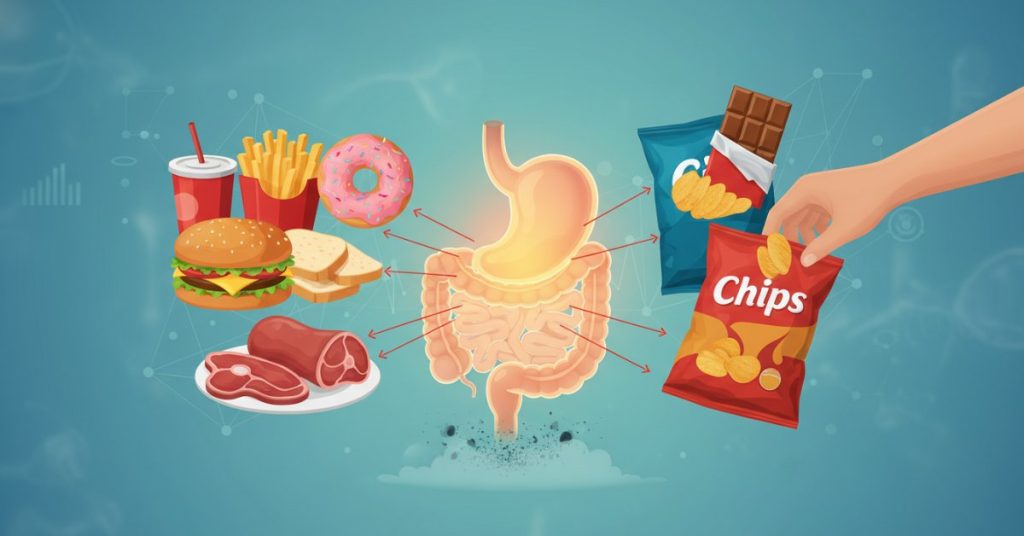 Hình ảnh một người đang nhăn mặt, ôm bụng khó chịu sau khi ăn một đĩa thức ăn nhiều dầu mỡ, minh họa rõ nét các nguyên nhân dẫn đến tình trạng tiêu hóa kém do thói quen ăn uống không lành mạnh.